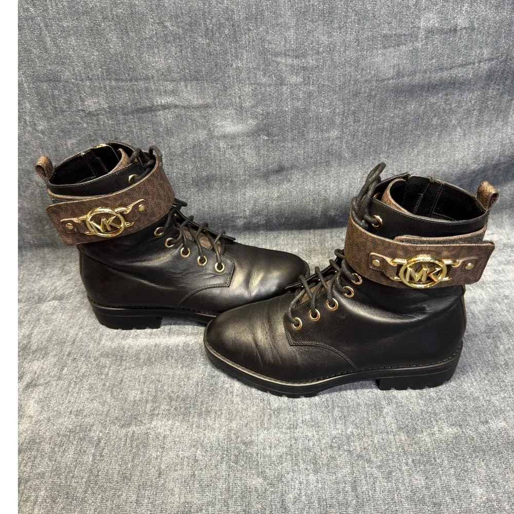 Michael Kors Corey Combat Boots Womens 7M Black Leather Monogram Buckle Lug Sole